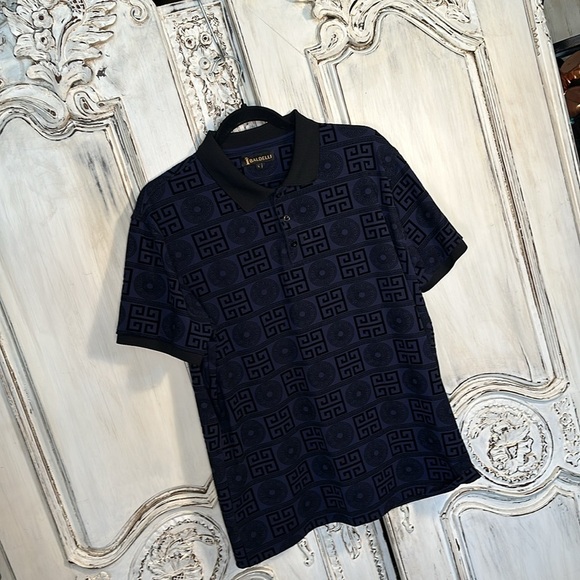 Men’s IBaldelli  Navy Short Sleeves Burn Out Velvet Graphic Pattern Polo Shirt - Picture 2 of 9